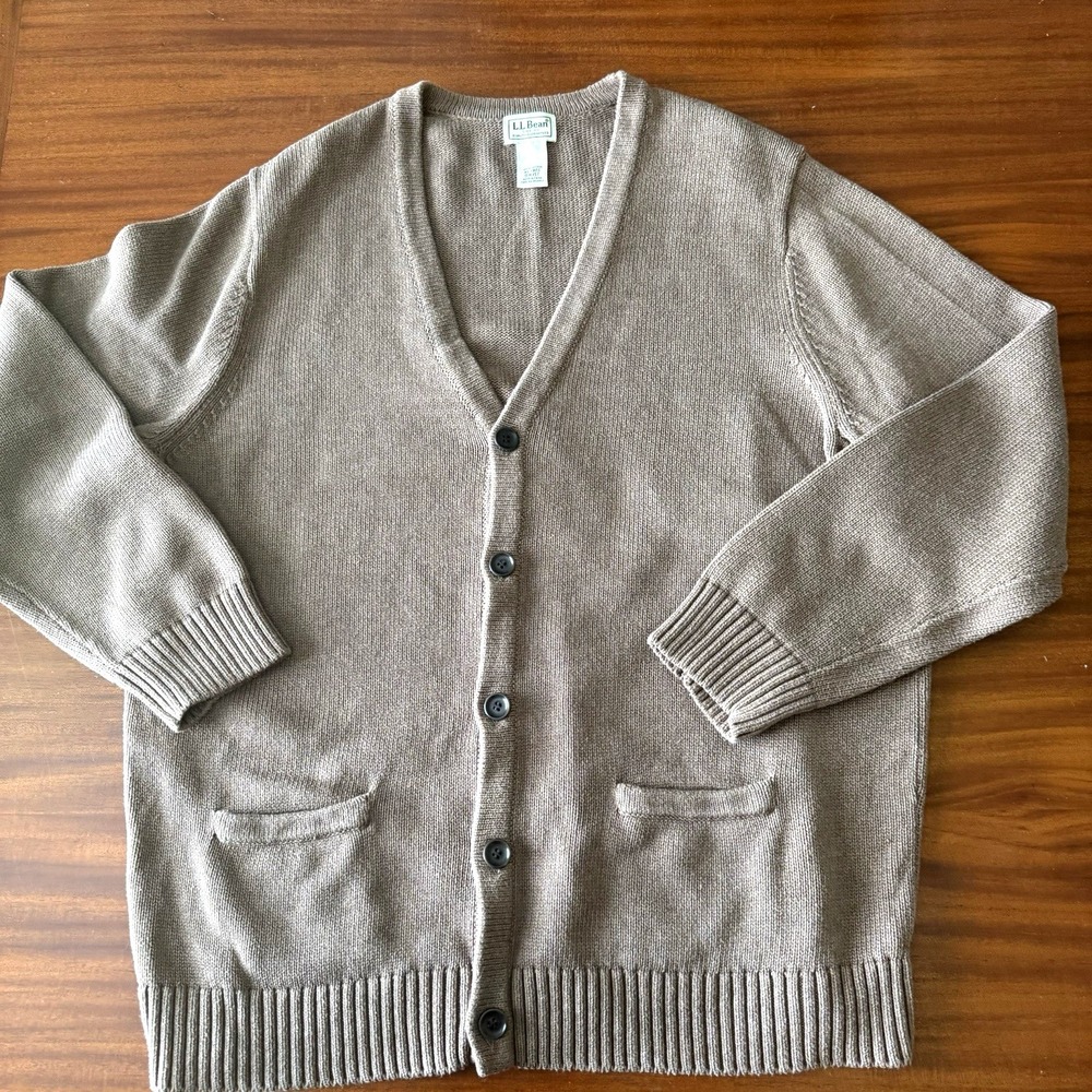 Vintage L.L. Bean Men's XL Regular Grandpa Cardigan Sweater Tan 100% Cotton F/W